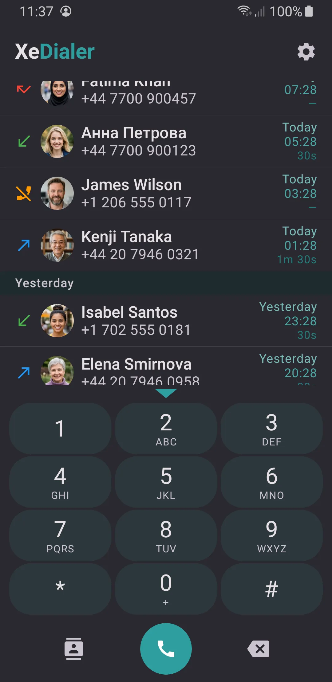 XeDialer main screen: call log and T9 keypad