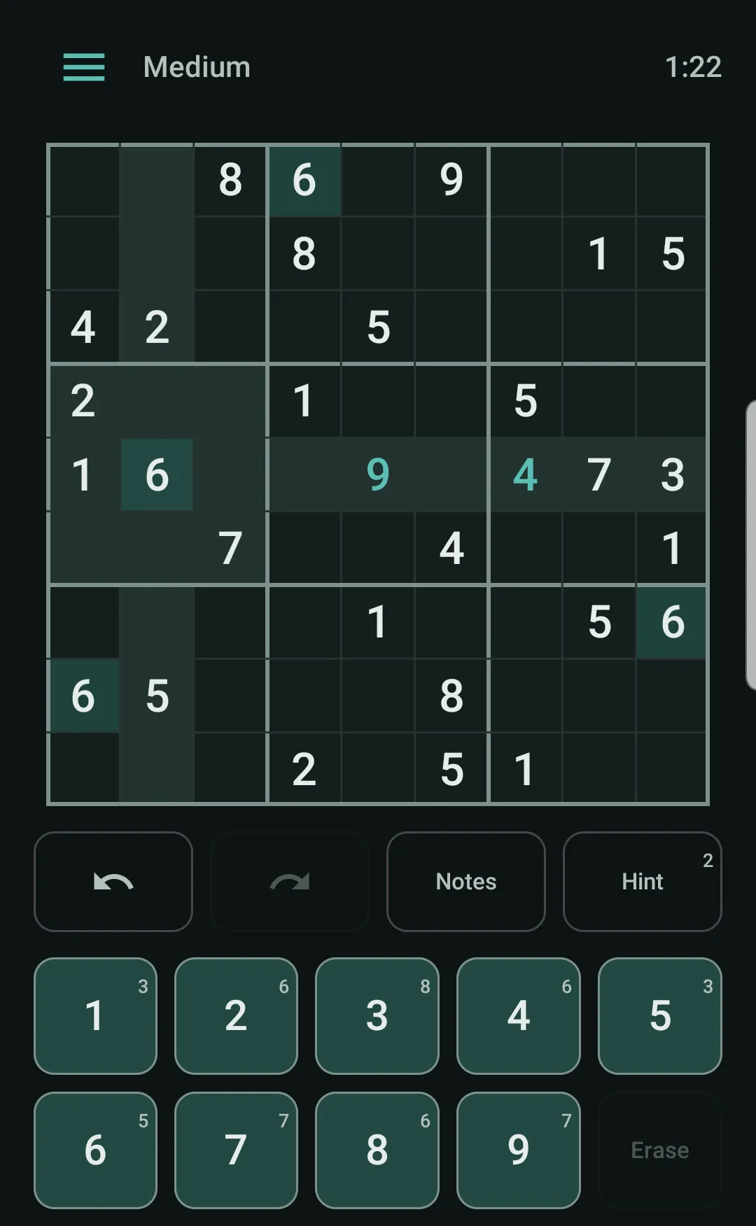 InOneClick Sudoku: Matching digits highlighted