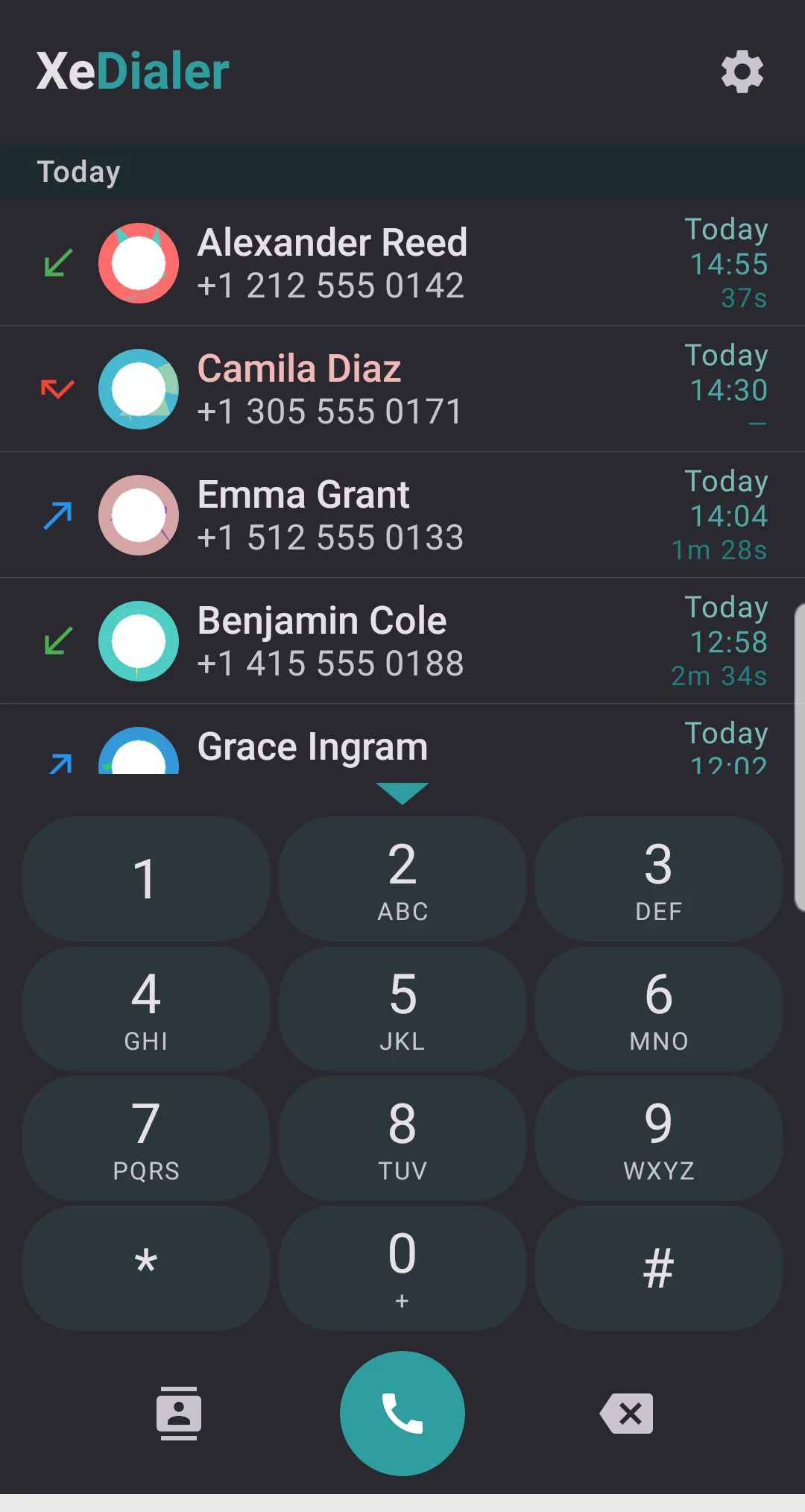 XeDialer main screen: call log and T9 keypad