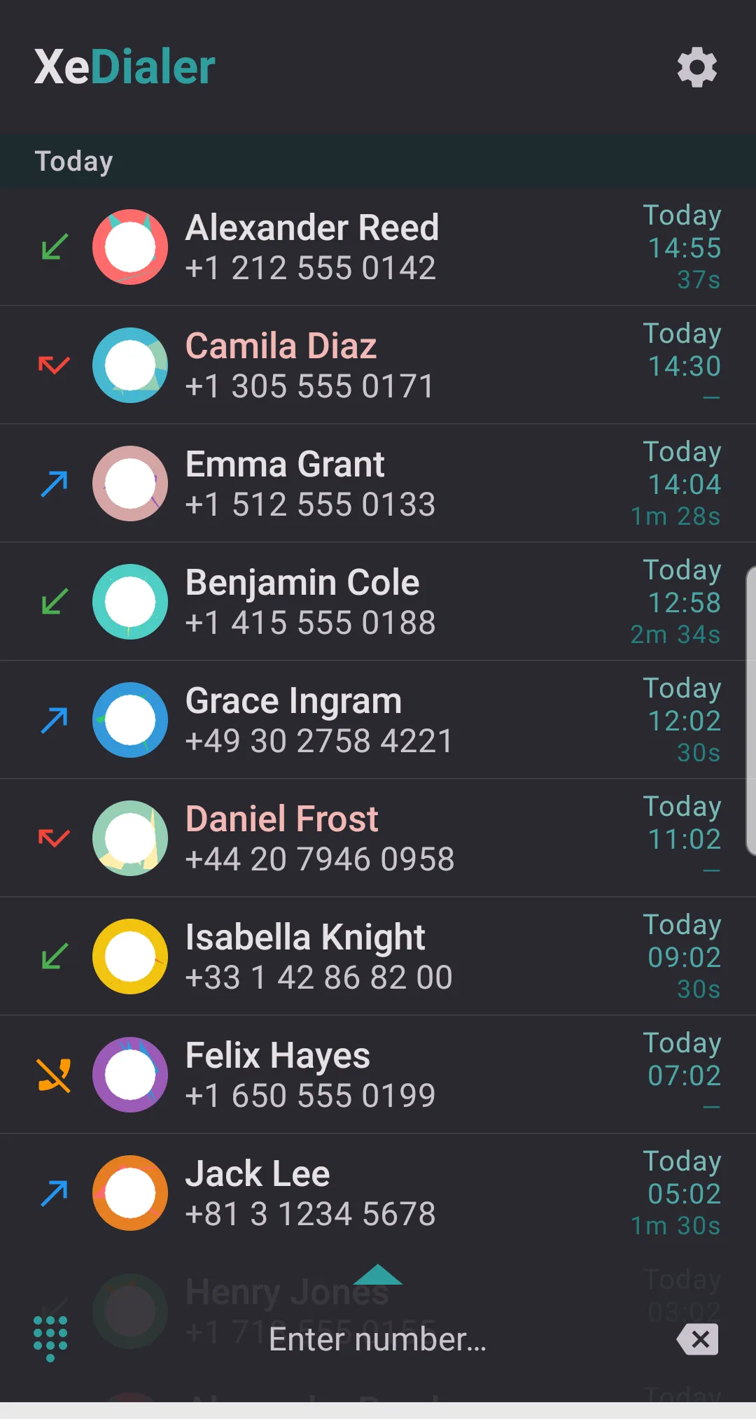 XeDialer call log in the dark theme