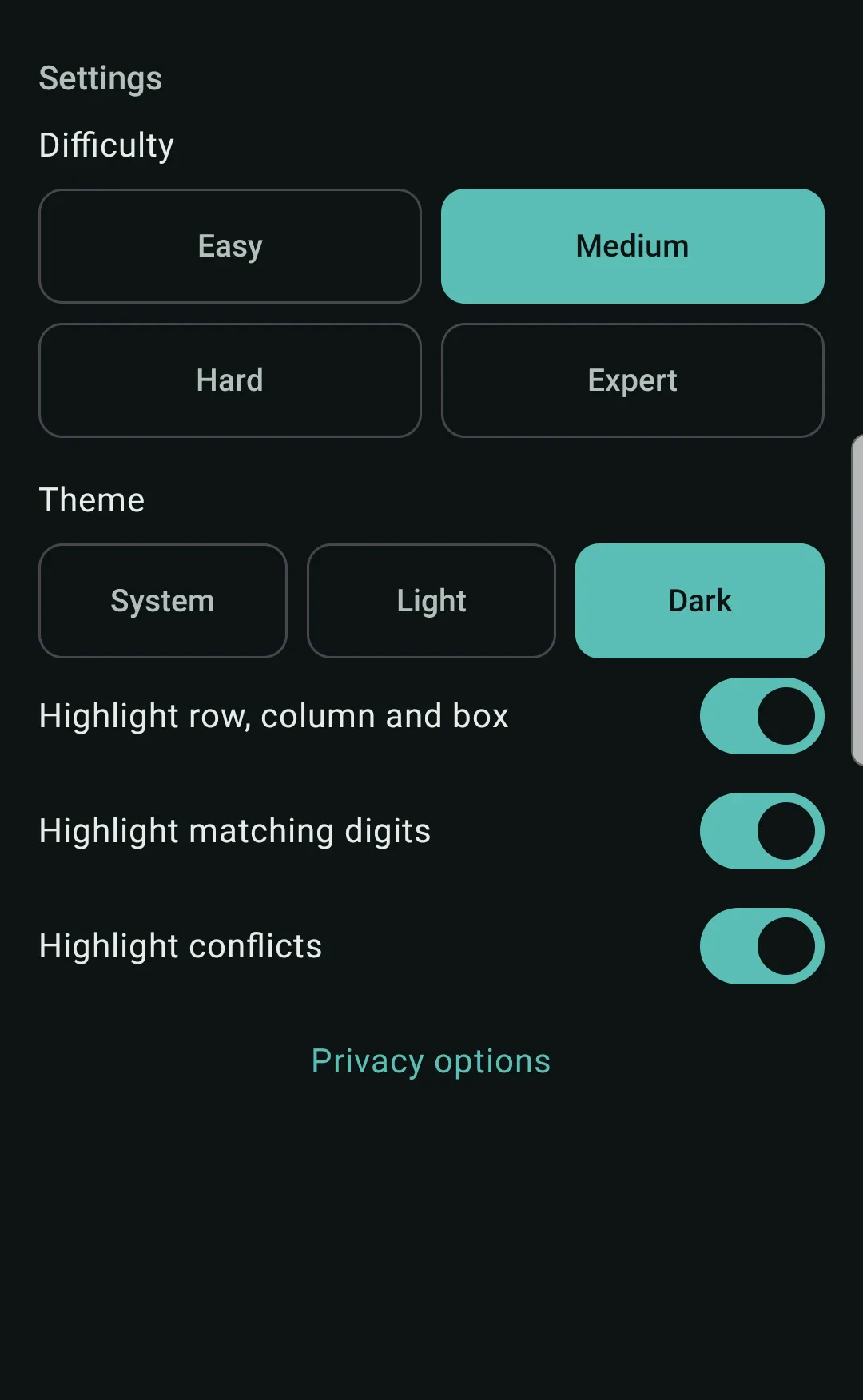 InOneClick Sudoku: Settings